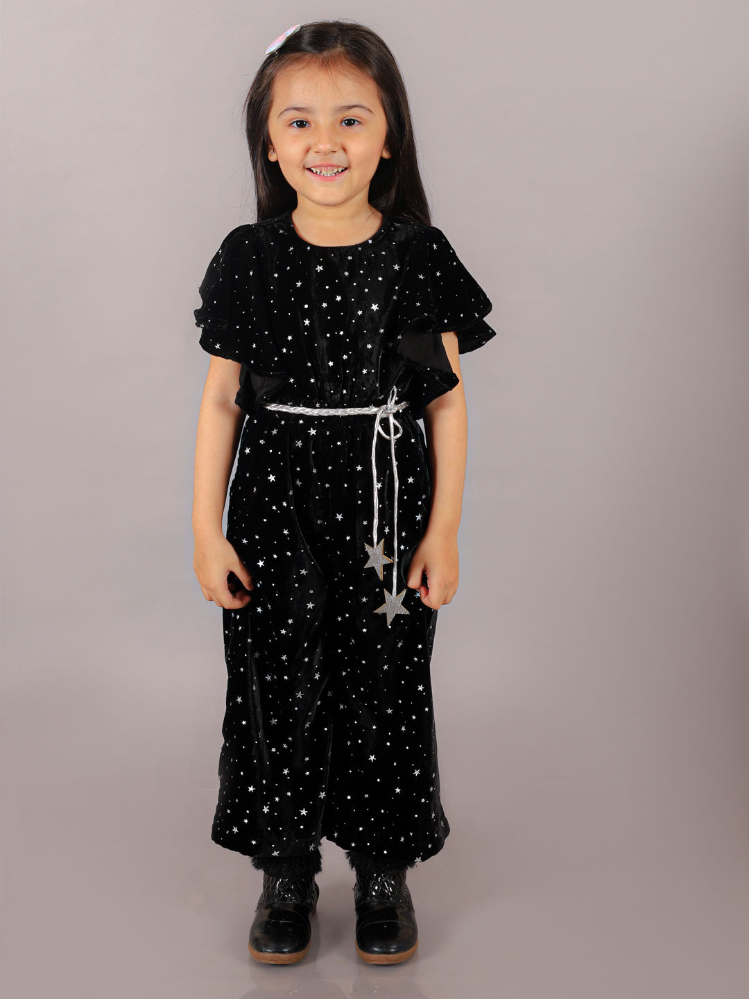 LIL DRAMA Girls Printed Culotte Jumpsuit With Cord Belt-Black