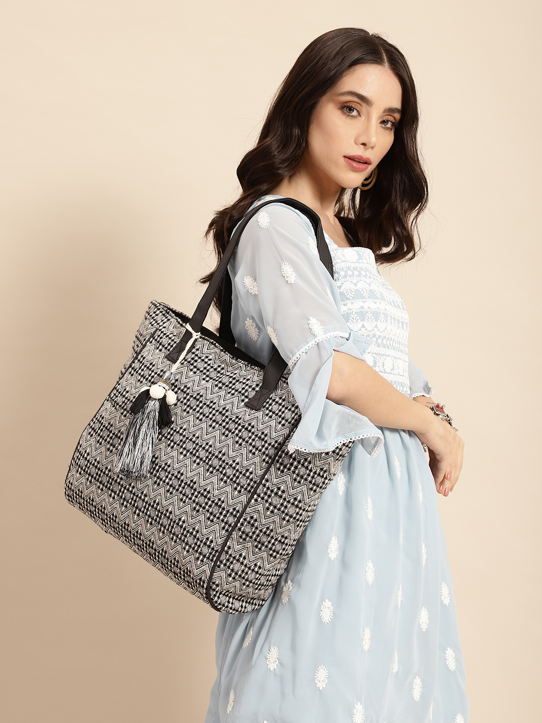 Anouk Geometric Design Structured Shoulder Bag with Tasselled Detail