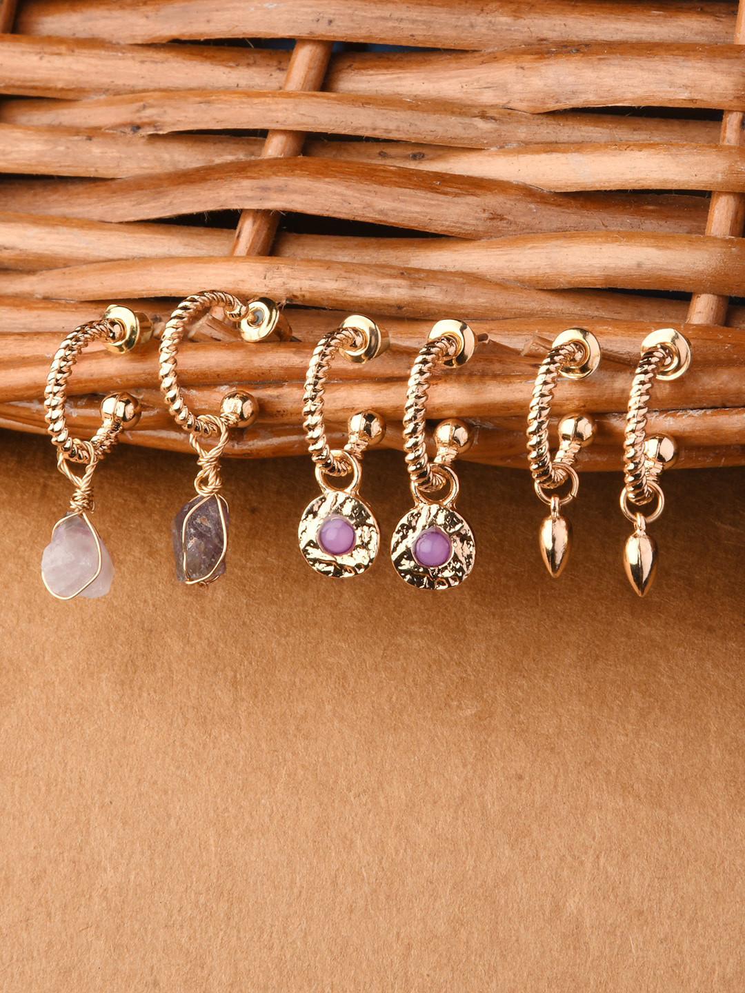 Accessorize Women Pack Of 3 Raw Stones Huggie Hoop Earring
