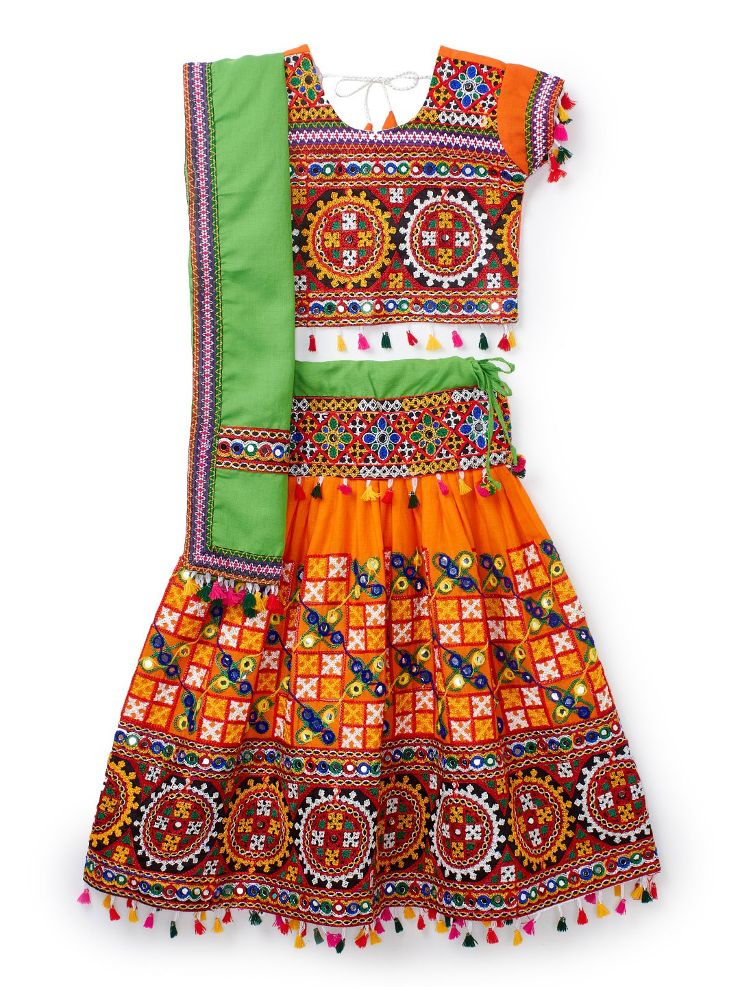 BANJARA INDIA Girls Orange & Green Embroidered Ready to Wear Lehenga & Blouse With Dupatta