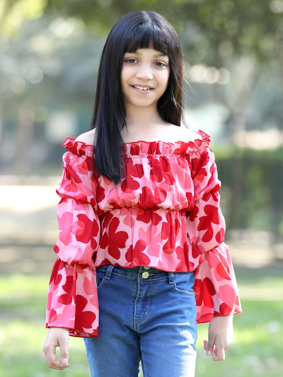 Cutiekins Girls Floral Printed Off Shoulder Long Sleeves Top