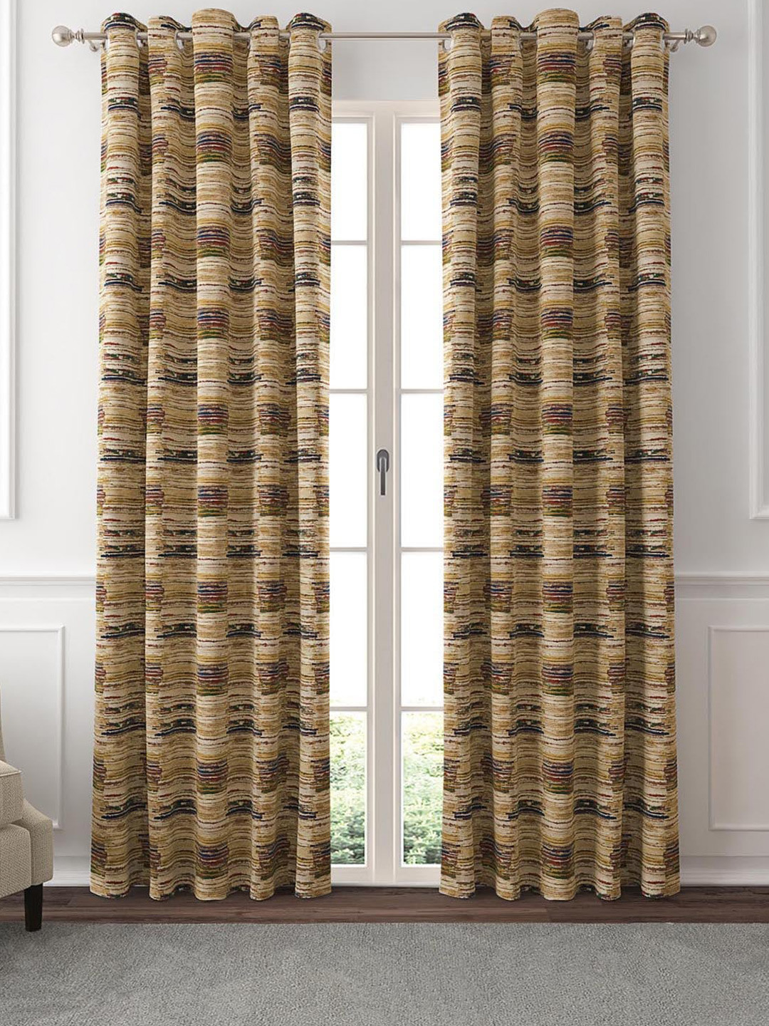 GM Skylight Beige & Blue 2 Pieces Abstract Room Darkening Door Curtain