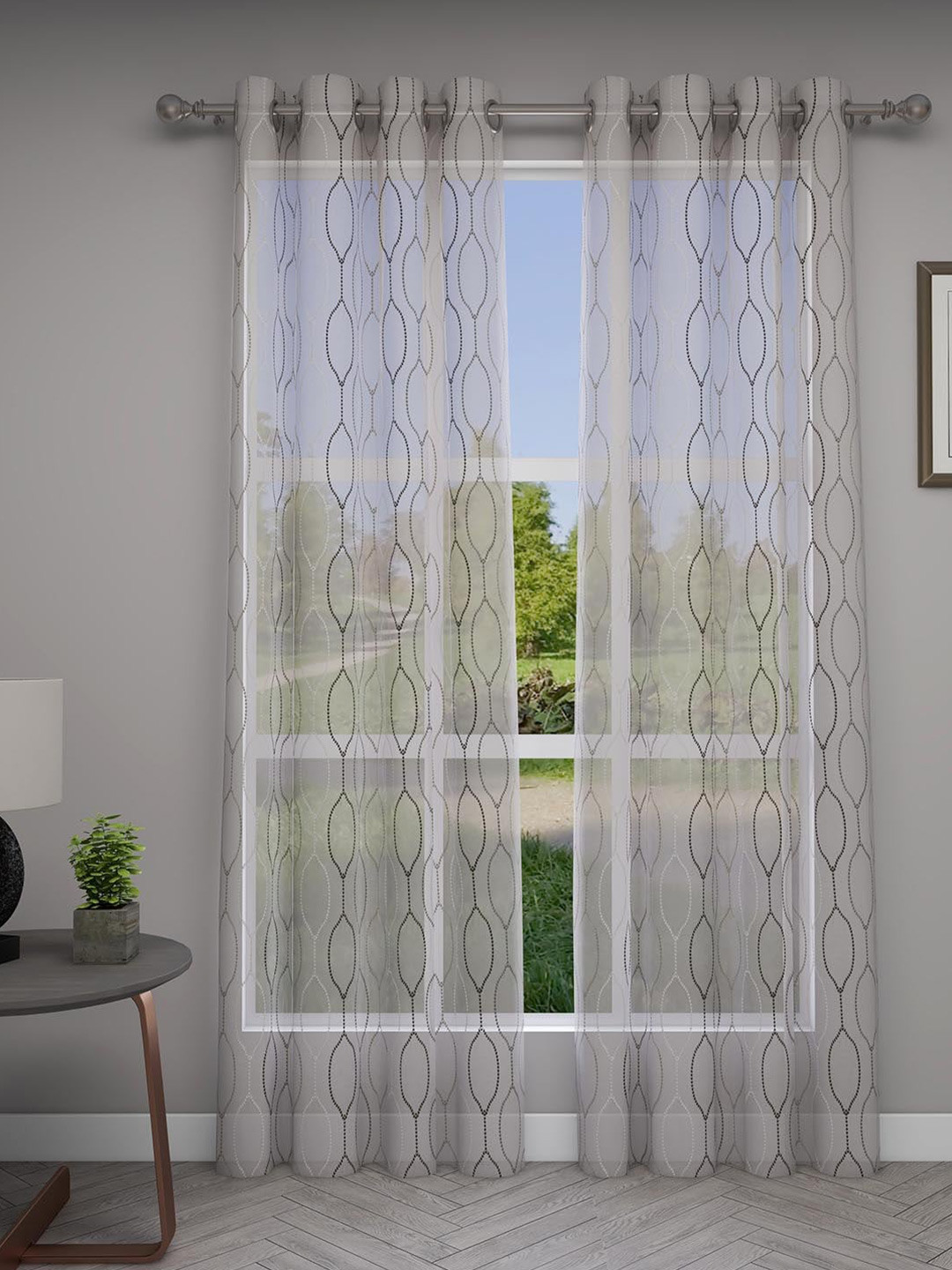 GM Hana White & Grey 2 Pieces Geometric Sheer Door Curtain