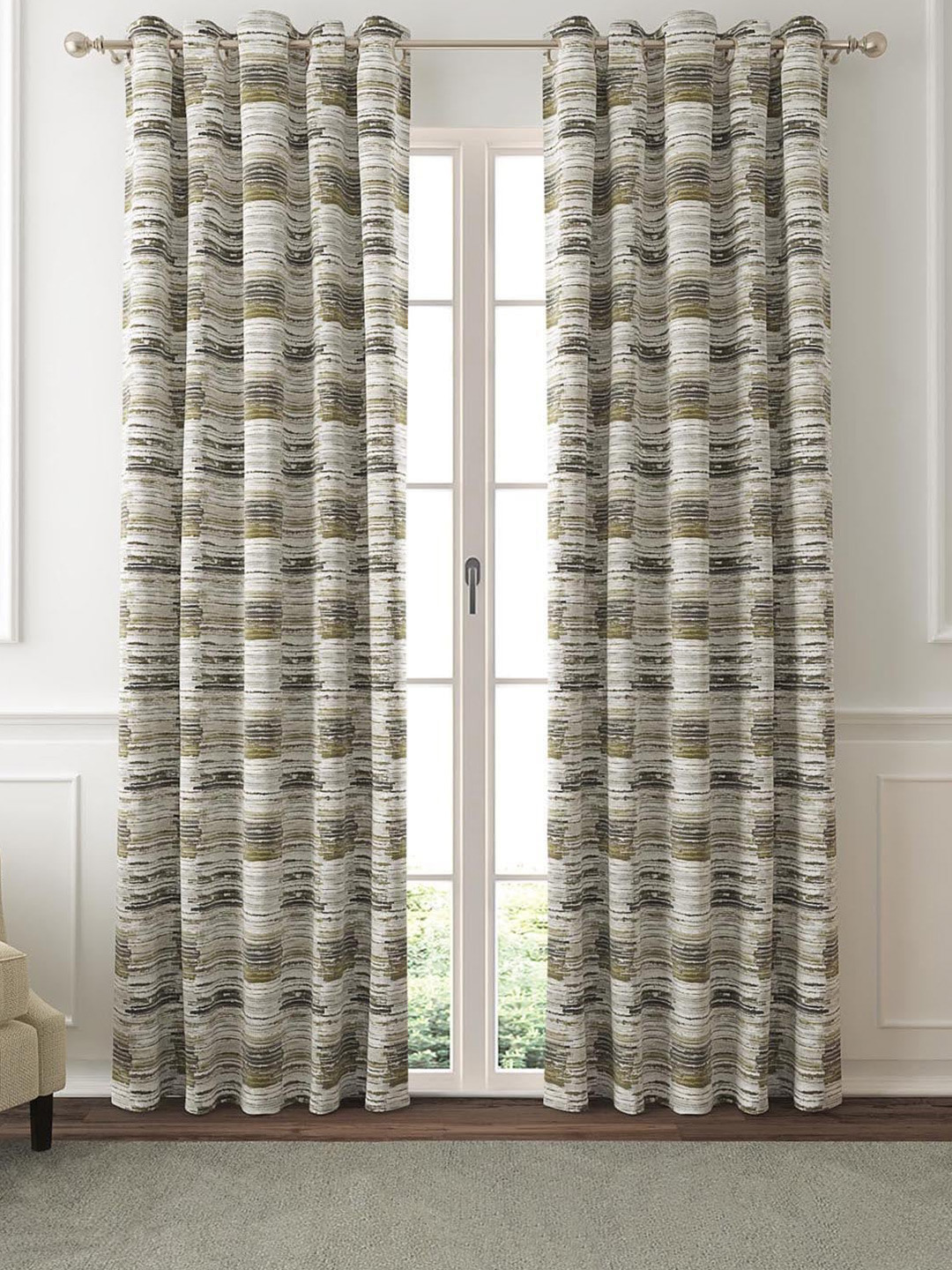 GM Skylight Grey & Green 2 Pieces Abstract Room Darkening Door Curtain