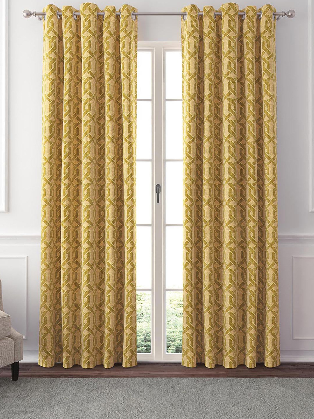 GM Avoca Gold-Toned & Green 2 Pieces Geometric Room Darkening Door Curtain