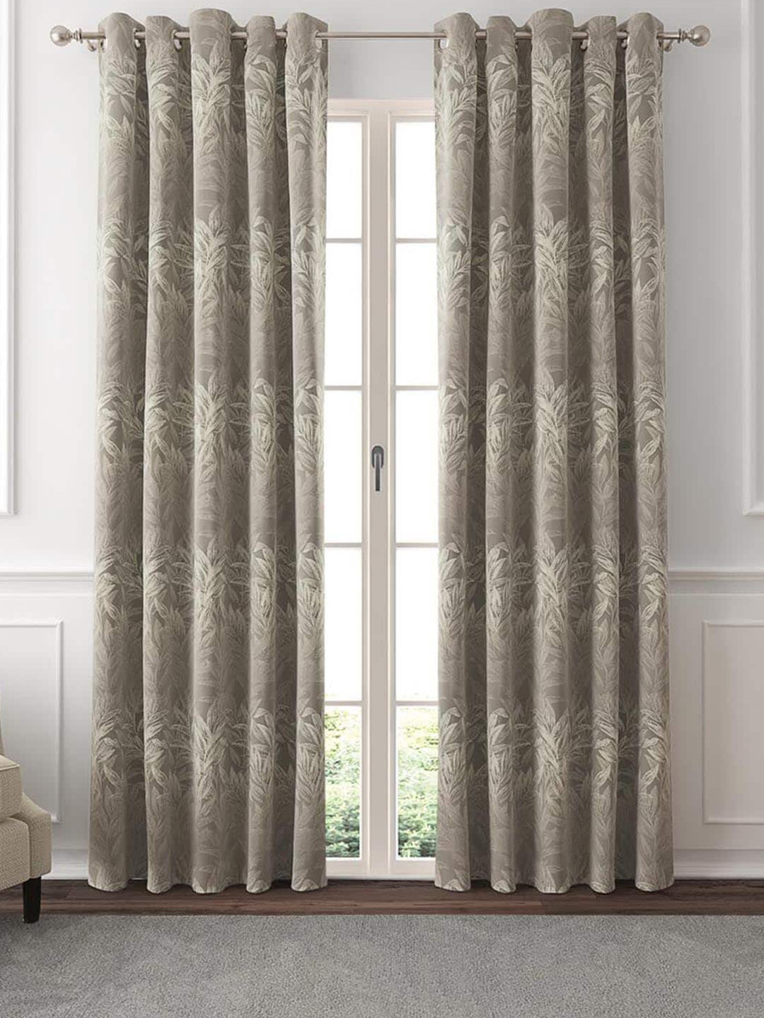 GM Mirage Grey & White 2 Pieces Floral Room Darkening Door Curtain
