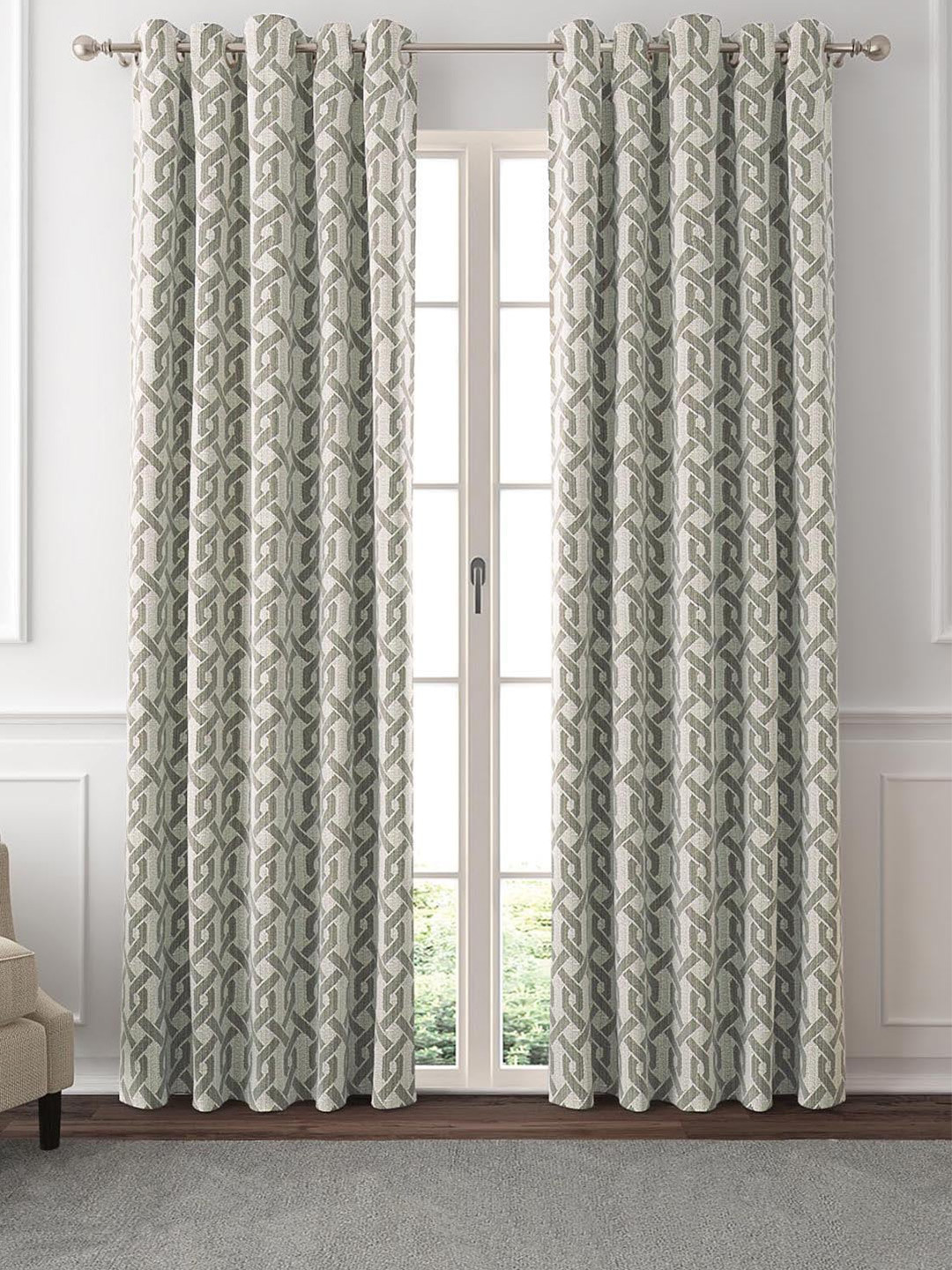 GM Avoca Grey & Beige 2 Pieces Geometric Room Darkening Door Curtain