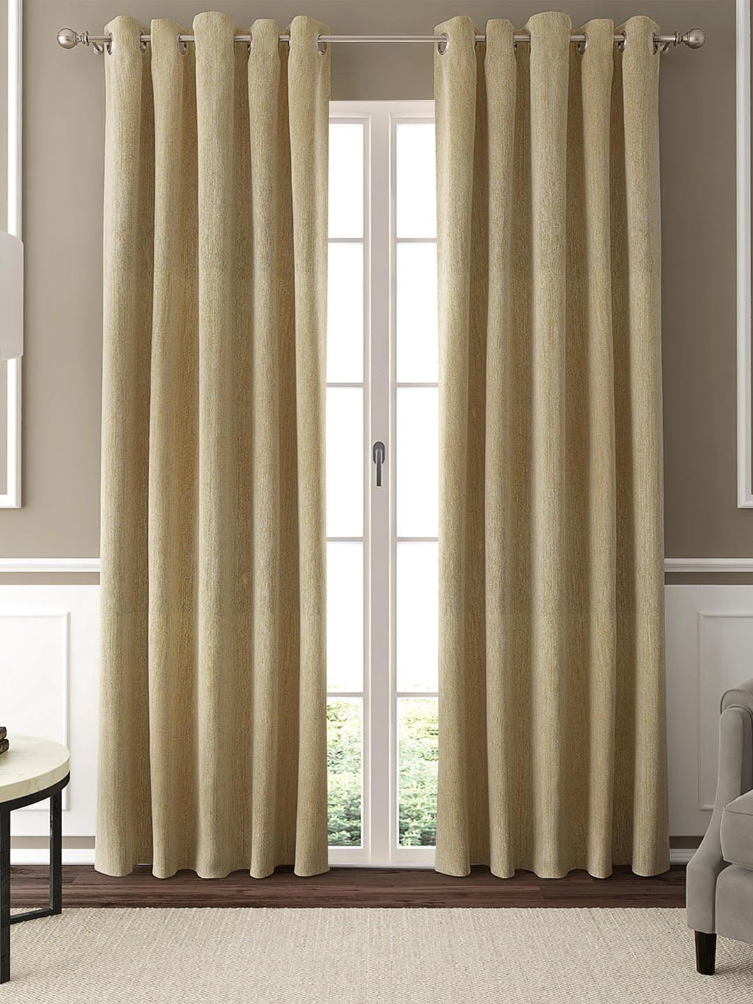 GM Tan & White 2 Pcs Self Design Room Darkening Door Curtain