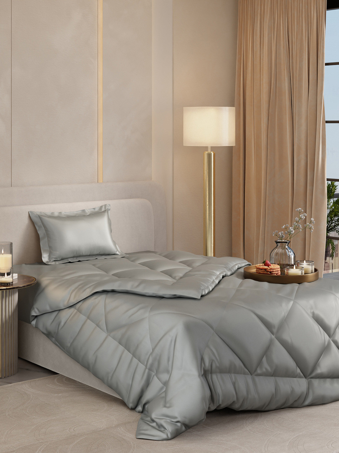 Stoa Paris Date Night Grey Satin AC Room 150 GSM Single Bed Comforter