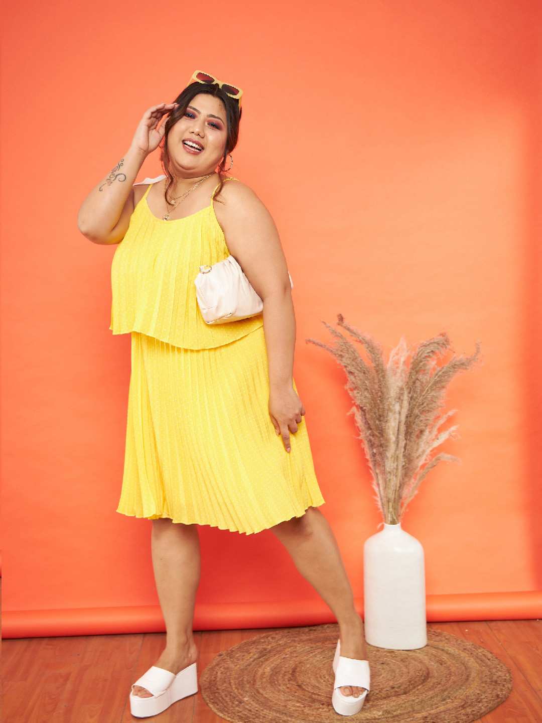 SASSAFRAS Curve Accordion Pleated Polka Dot Fit & Flare Dress