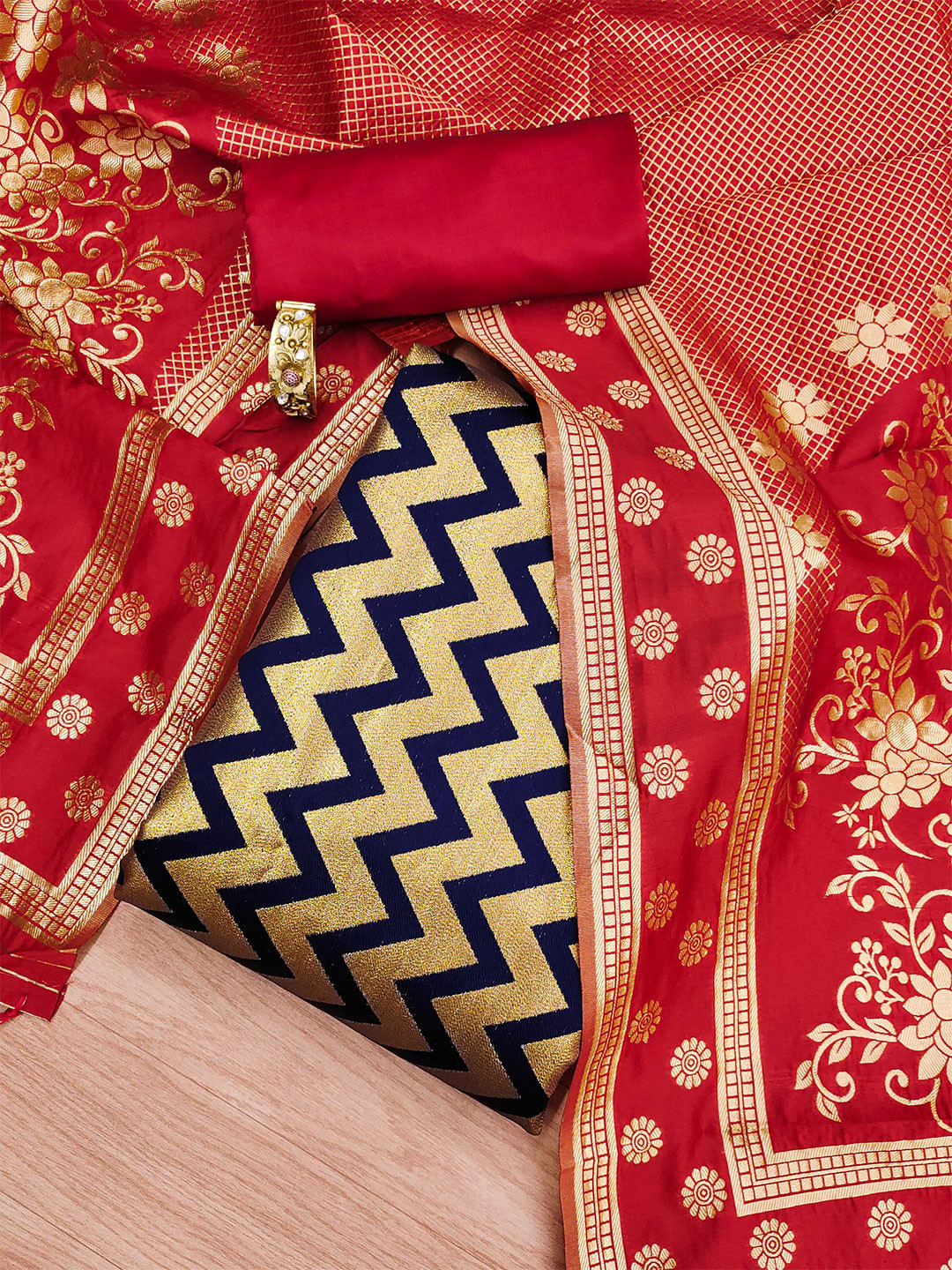 KALINI Chevron Woven Design Unstitched Dress Material