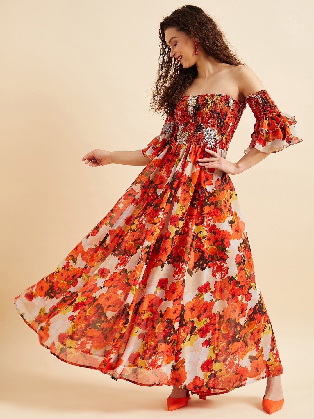 Buy PANIT Floral Off Shoulder Smocked Georgette Maxi Dress Dresses for Women 21870302 Myntra