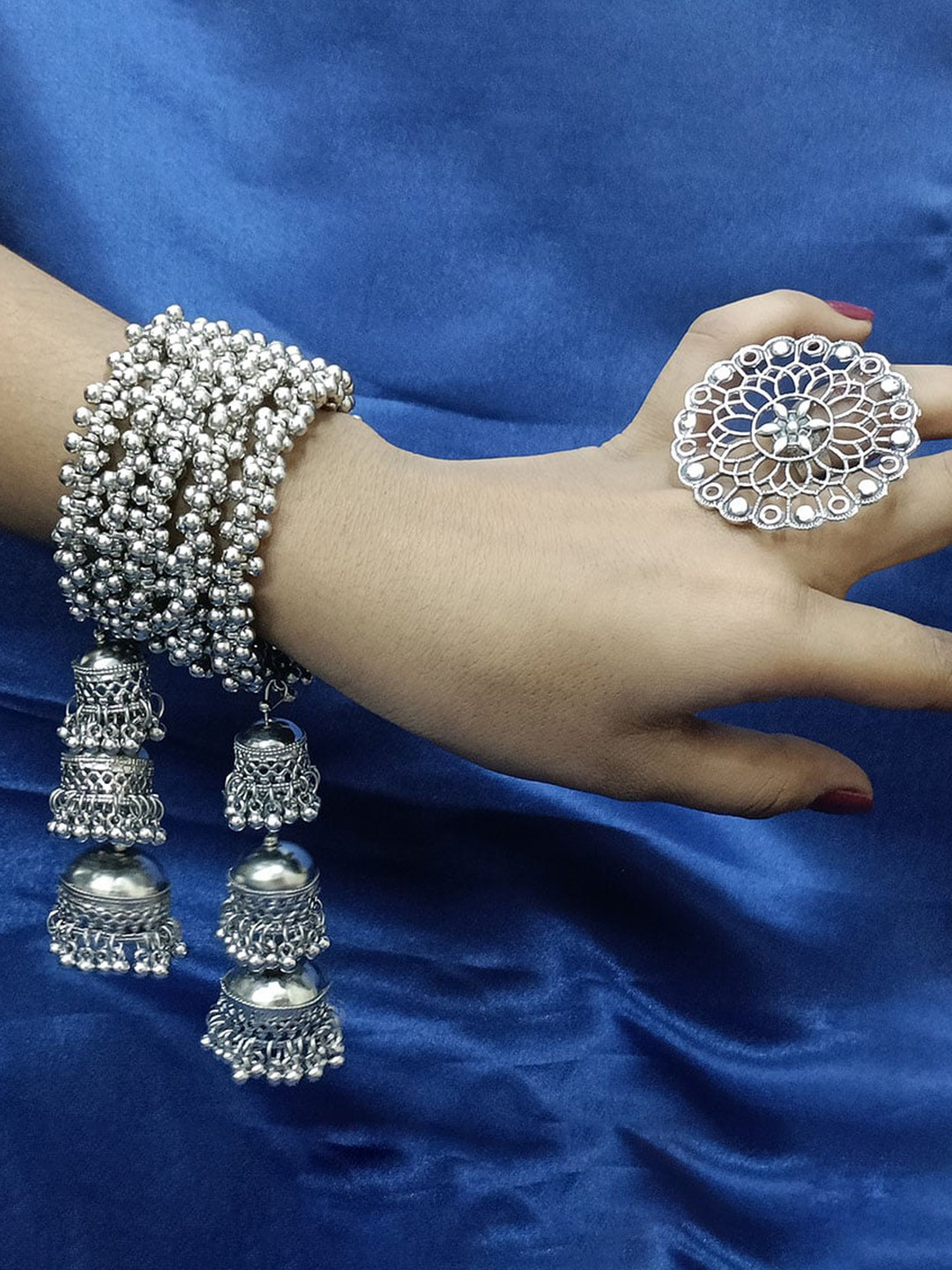 PRASUB Silver-Plated Oxidised Bangle with Finger Ring