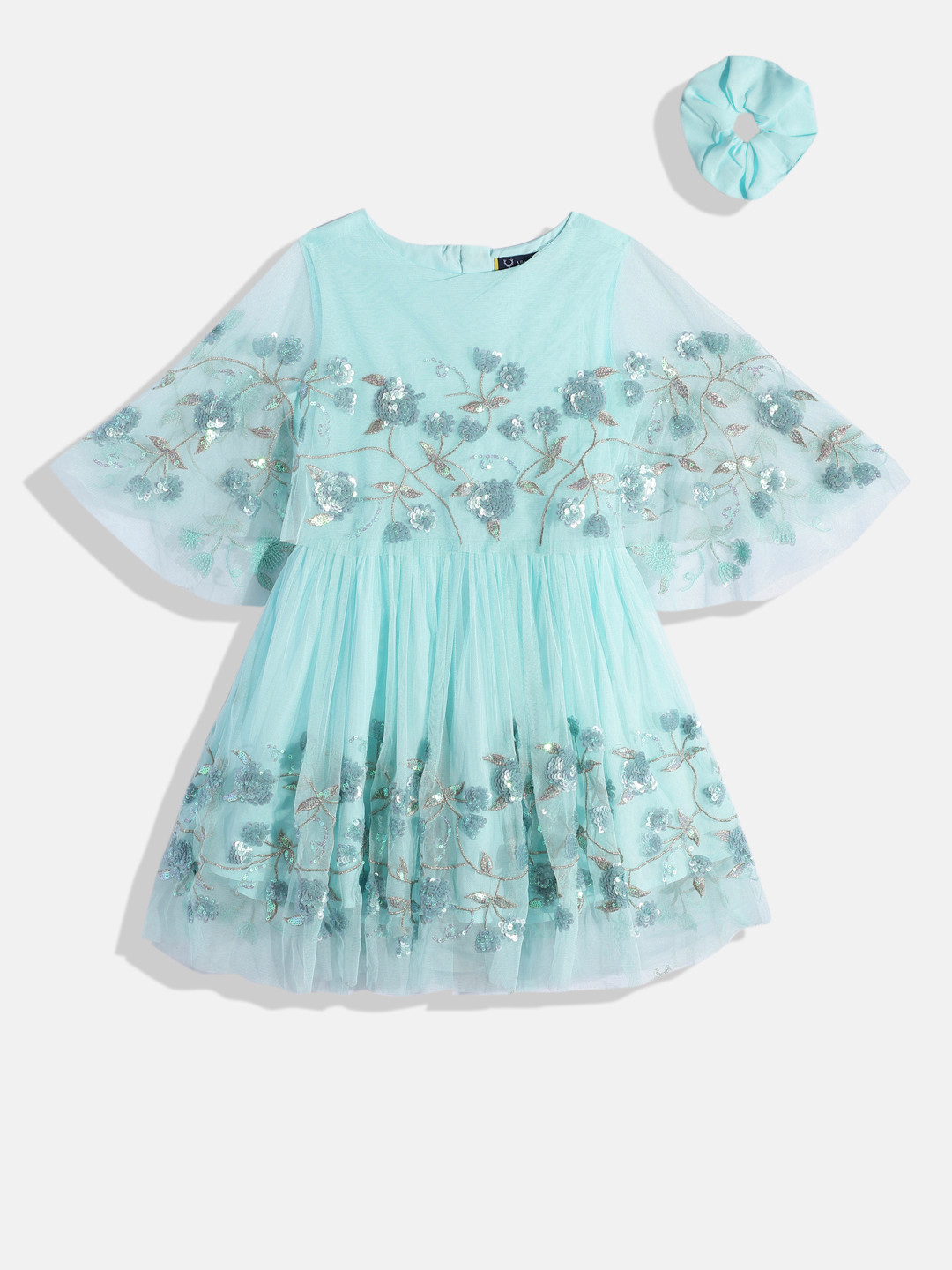 Allen Solly Junior Sequin Floral Cape Sleeve Net A-Line Dress