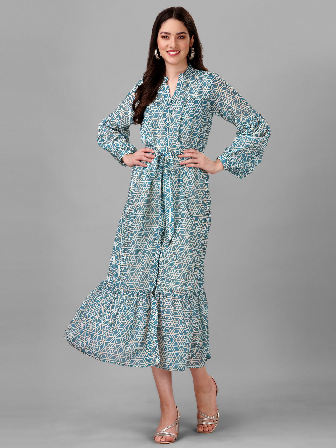 Masakali.Co Geometric Printed Georgette A-Line Midi Dress