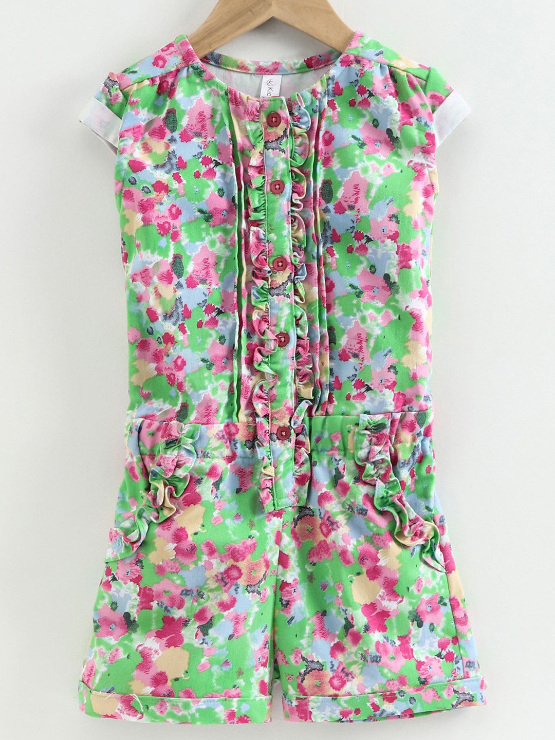 KiddoPanti Girls Printed Ruffle Placket Jumpsuit
