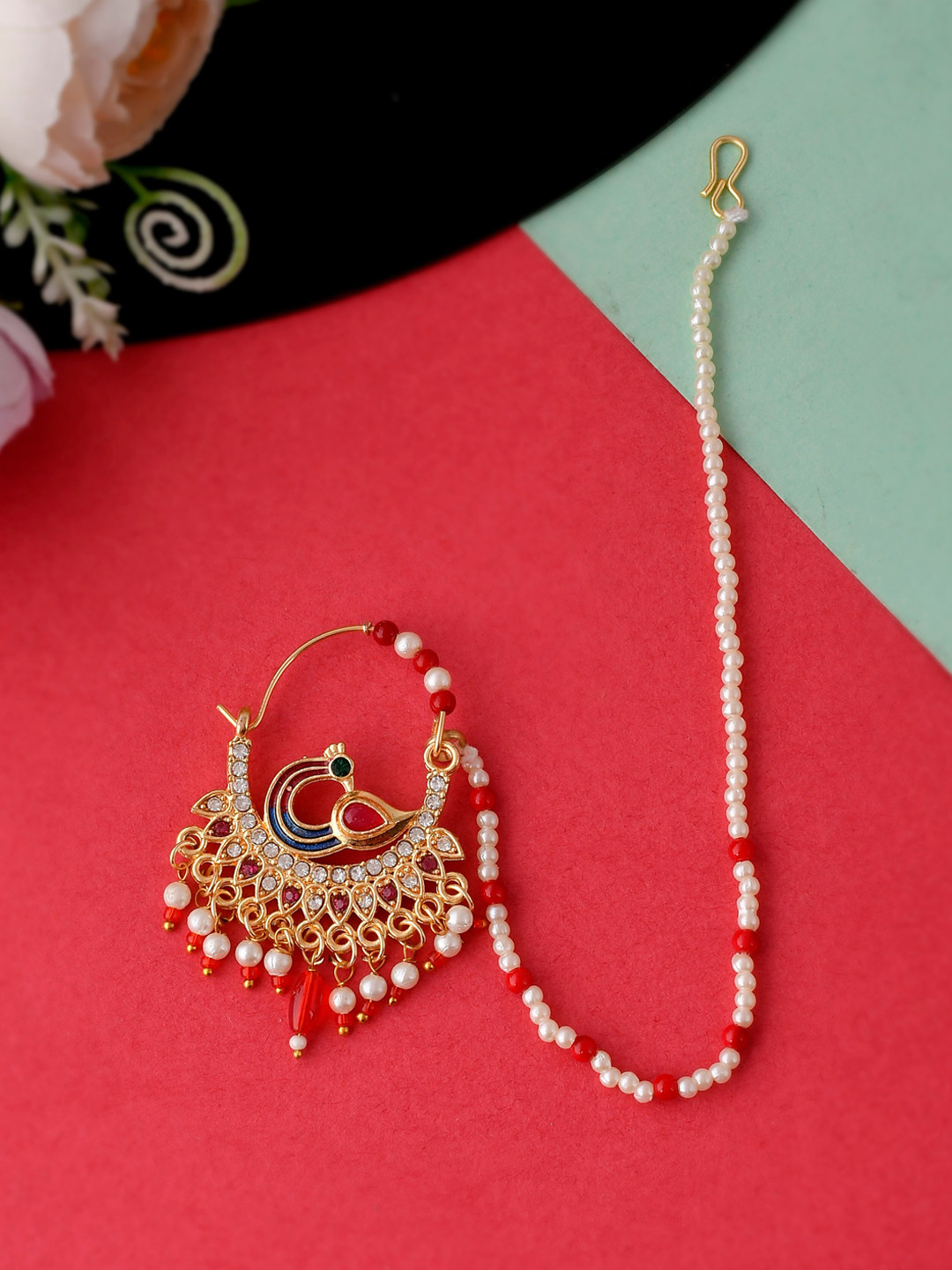 Silvermerc Designs Gold-Plated Meenakari Stone-Studded & Beaded Chained Insert Nosepin