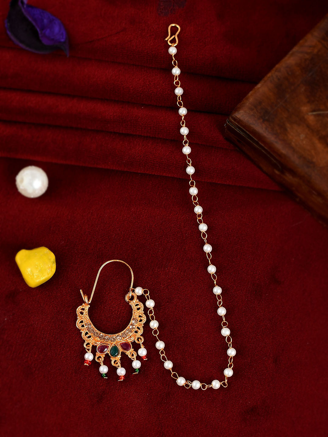 Silvermerc Designs Gold-Plated Stone-Studded & Beaded Chained Nose Ring