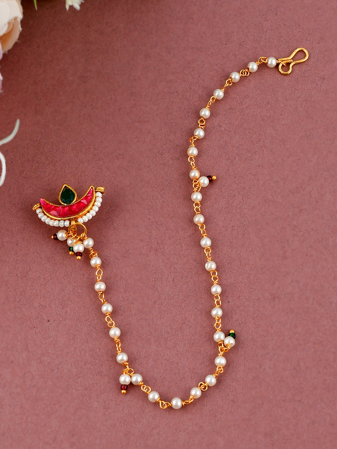 Silvermerc Designs Gold-Plated Stone-Studded & Beaded Meenakari Clip-On Chained Nosepin