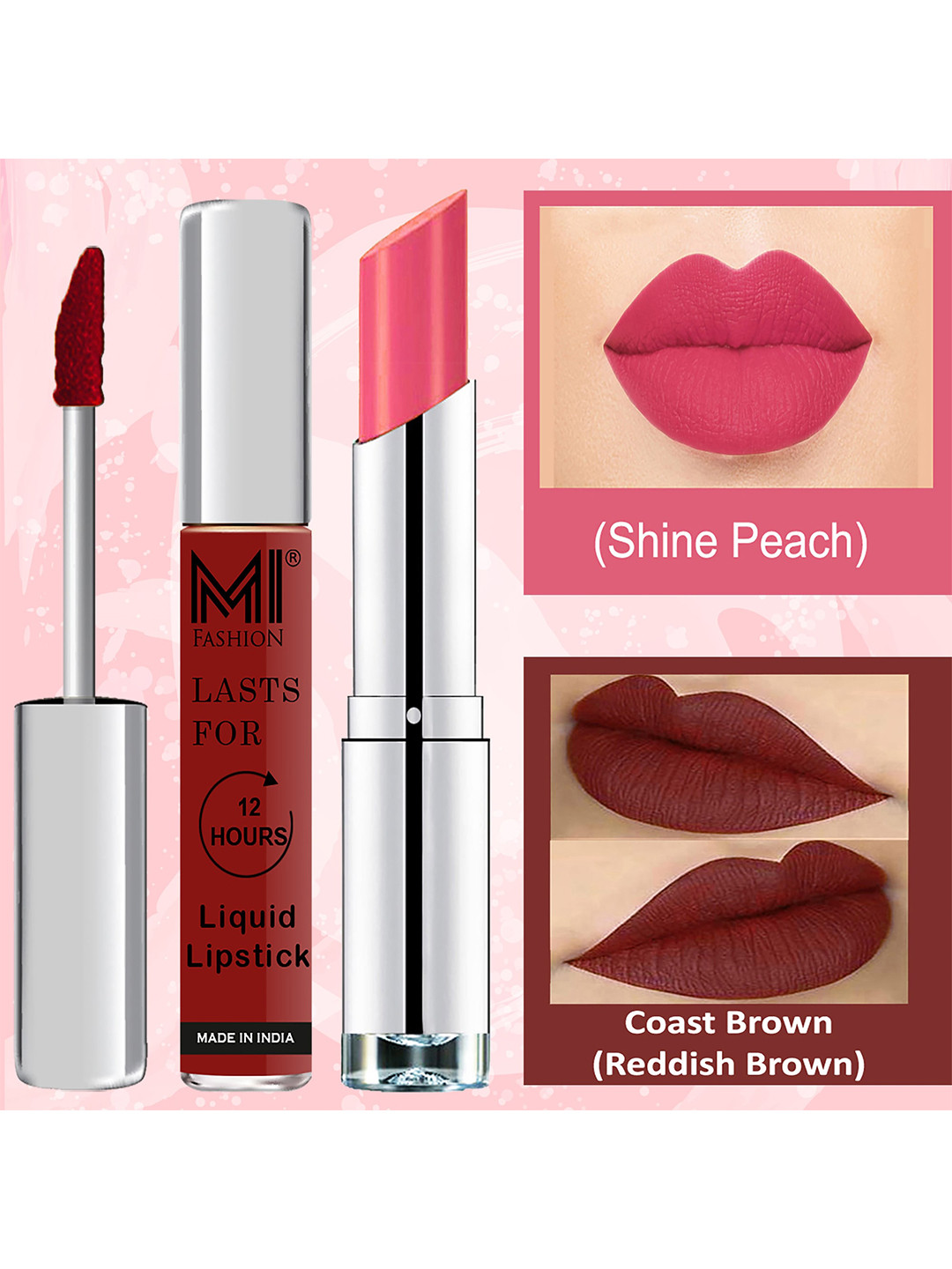 MI FASHION Set Of 2 Lip Bliss 12Hrs Matte Liquid Lipsticks - Coast Brown11 & Shine Peach18