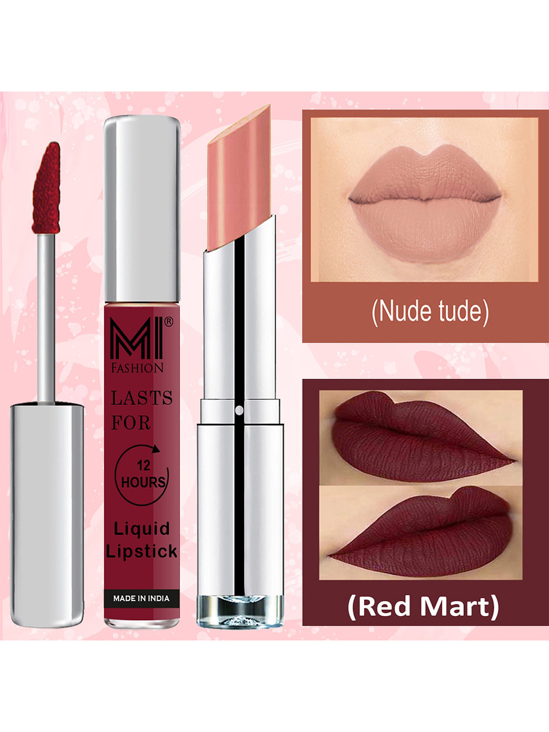 MI FASHION Set Of 2 Sultry Lips 12Hrs Matte Liquid Lipsticks - Red Mart 01, Nude Tude 25