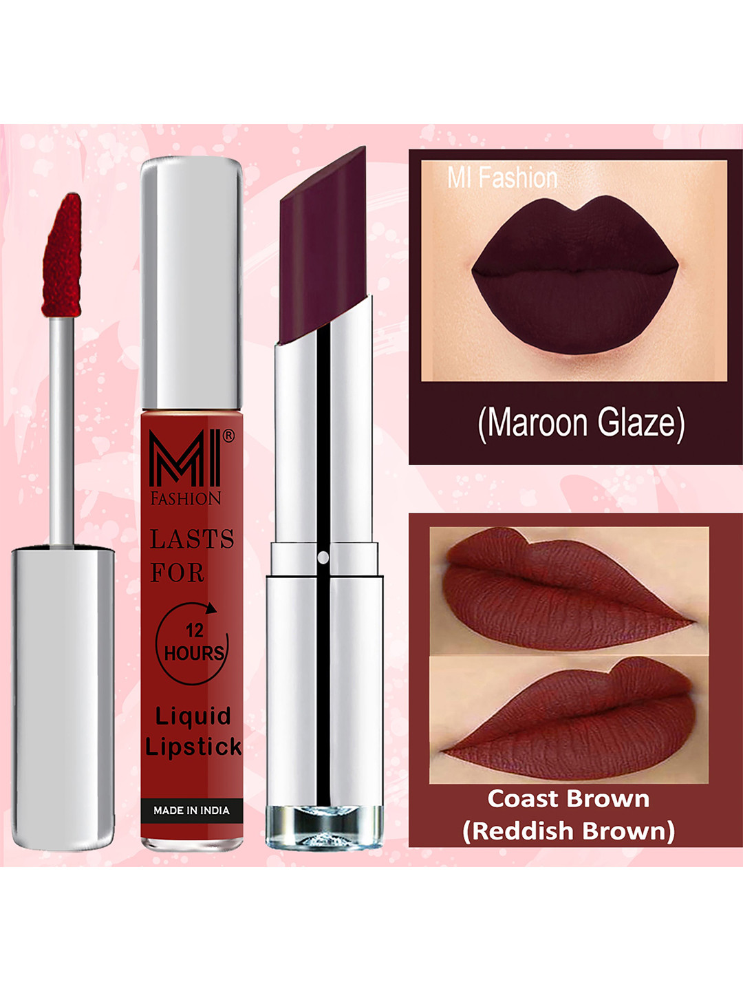 MI FASHION Set of Glam Lips Liquid Lipstick 3.5ml - 11 & Creamy Matte Lipstick 3.5g - 06