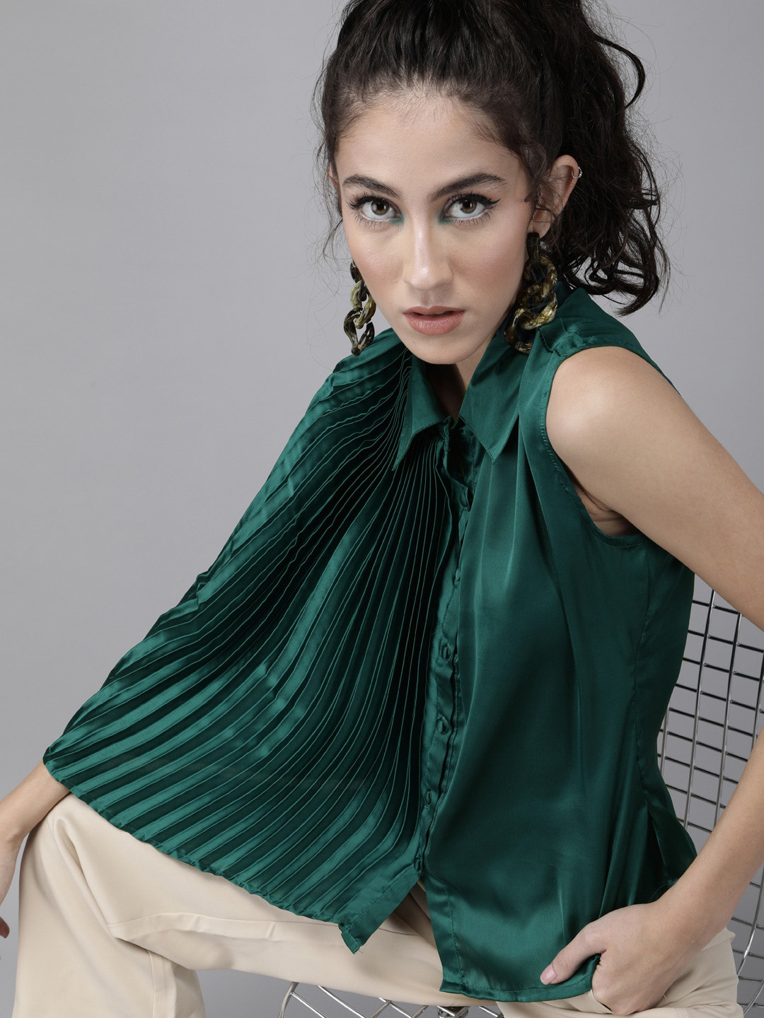 The Dry State Accordion Pleats Satin Shirt Style Top