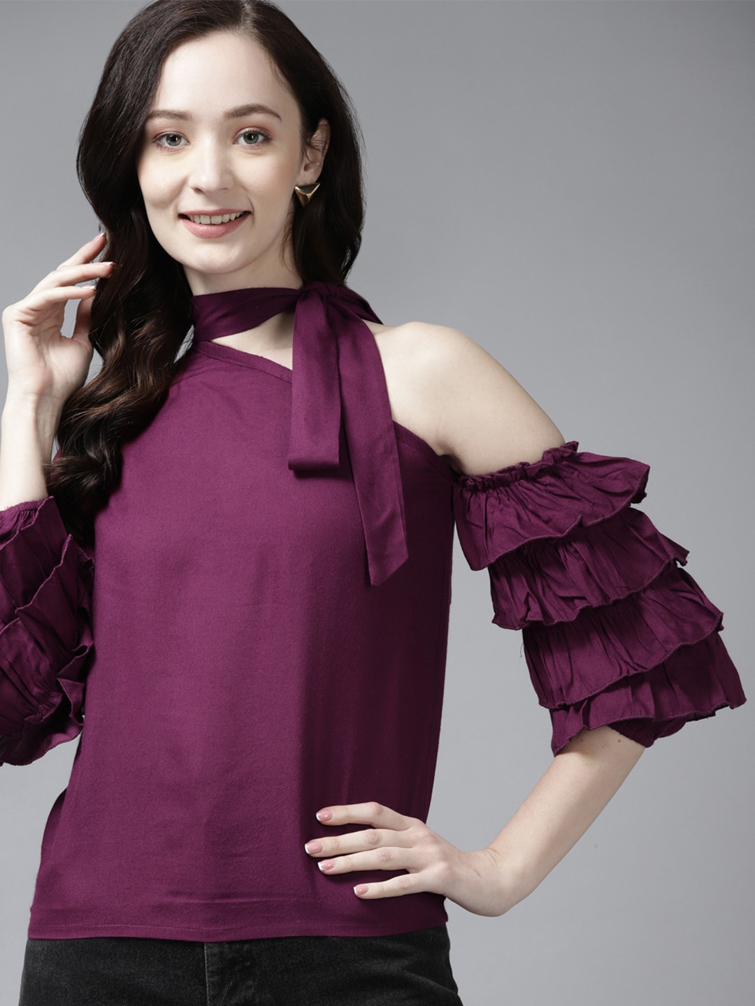 The Dry State One Shoulder & Tie-Up Neck Ruffles Top