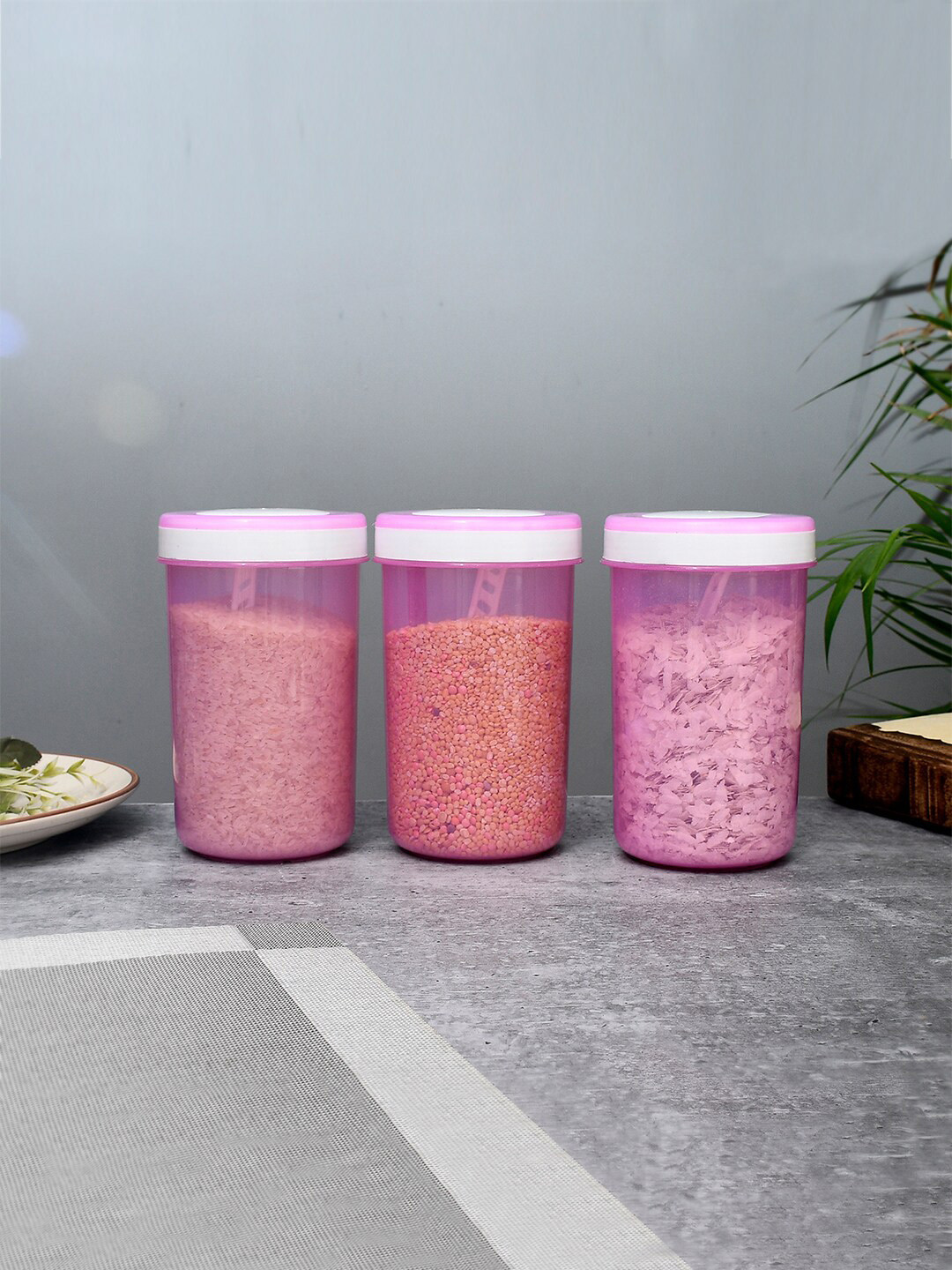 Kuber industries Pink Plastic Dishwasher Safe 3 Piece Screw Top Canister-1.5L