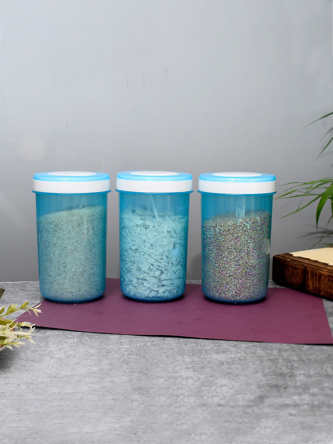 Kuber industries Blue Plastic Dishwasher Safe 3 Piece Screw Top Graduated Container-1.5L