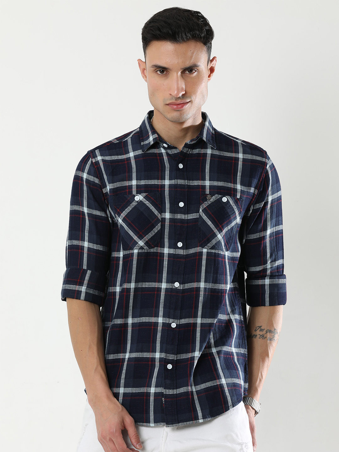 VUDU Comfort Windowpane Checks Checked Cotton Casual Shirt