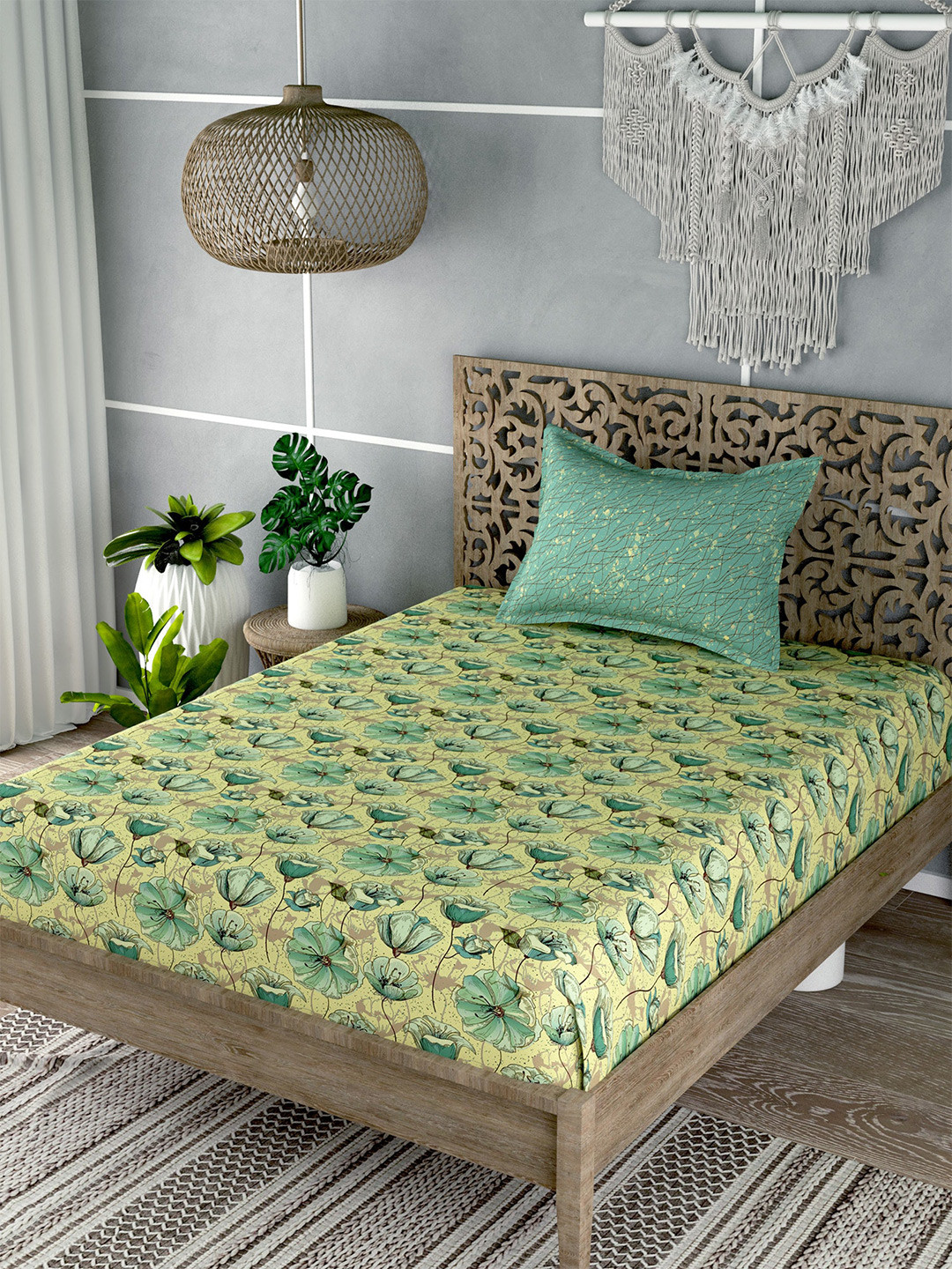 EverHOME Yellow Floral Cotton 180 TC Single Fine Bedsheet with a Pillow Cover-59 x 88 inches