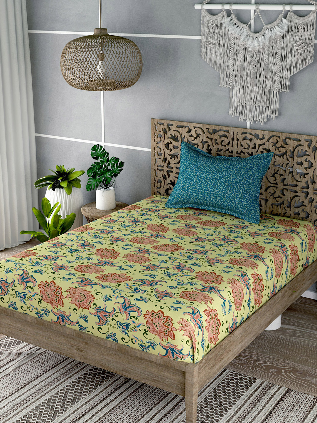 EverHOME Yellow Floral Cotton 180 TC Single Fine Bedsheet with a Pillow Cover-59 x 88 inches
