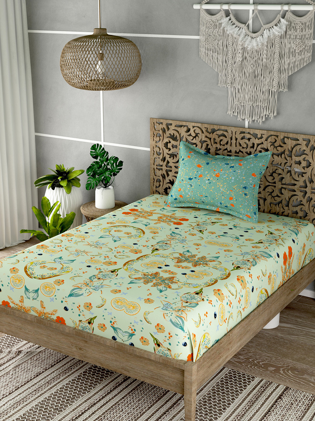 EverHOME Blue Ethnic Motifs Cotton 180 TC Single Fine Bedsheet with a Pillow Cover-59 x 88 inches
