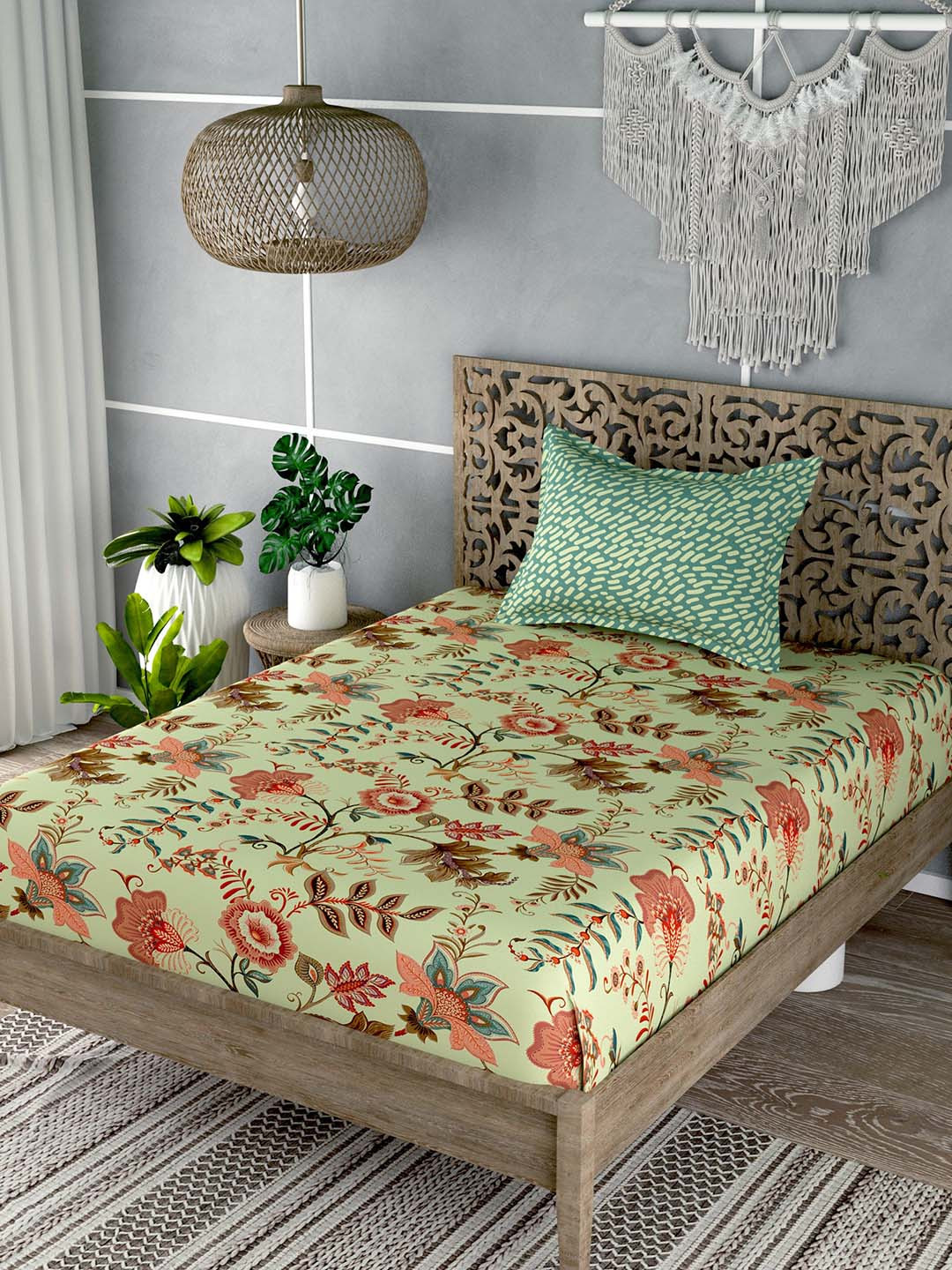 EverHOME Green Floral Cotton 180 TC Single Fine Bedsheet with a Pillow Cover-59 x 88 inches