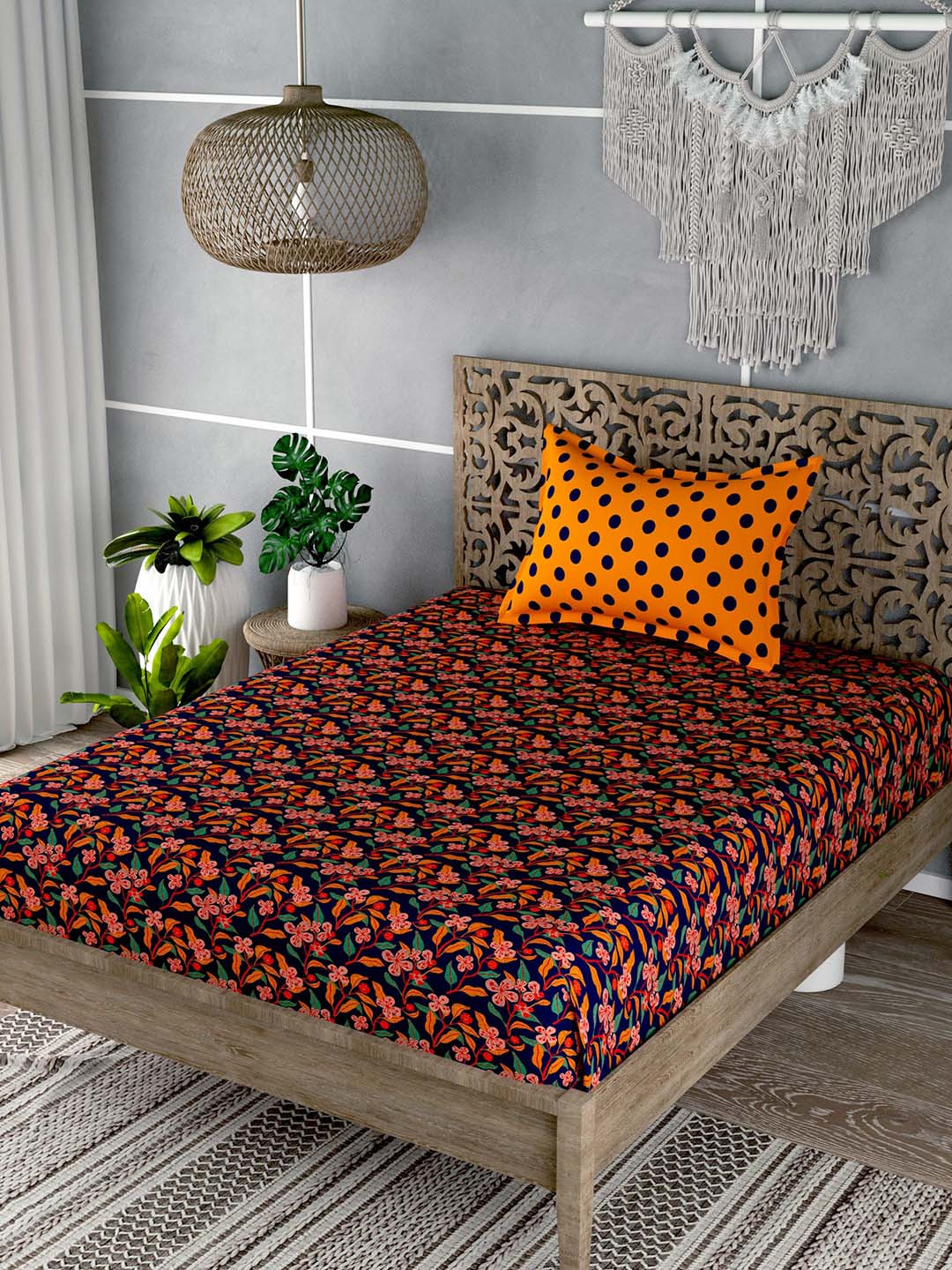 EverHOME Orange Floral Cotton 180 TC Single Fine Bedsheet with a Pillow Cover-90 x 60 inches