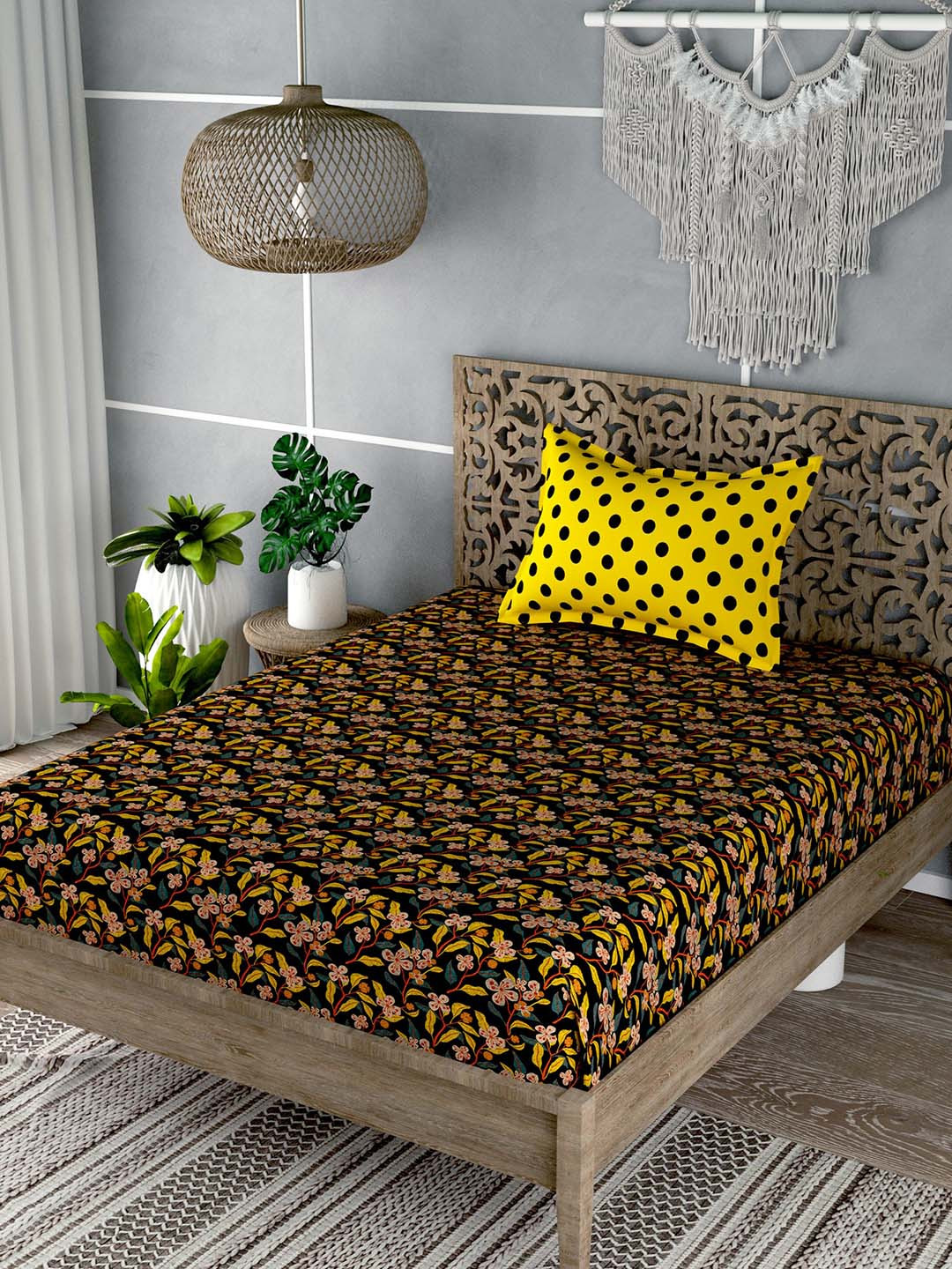 EverHOME Yellow Floral Cotton 180 TC Single Fine Bedsheet with a Pillow Cover-59 x 88 inches