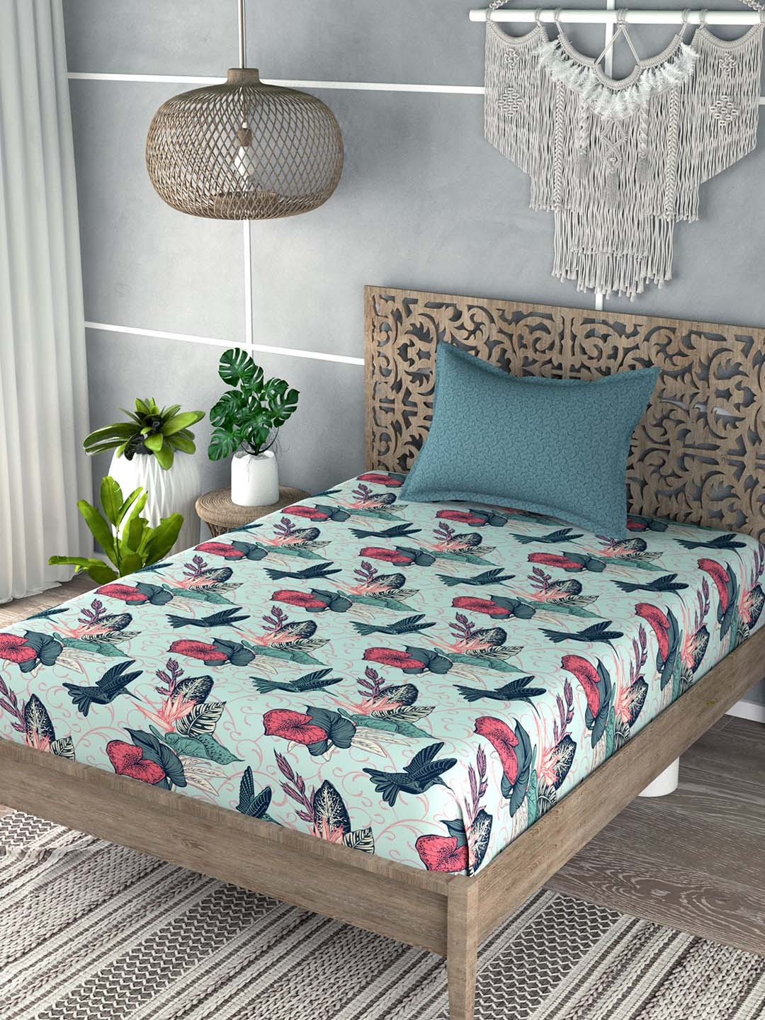 EverHOME Blue Floral Cotton 180 TC Double Fine Bedsheet with a Pillow Cover-59 x 88 inches