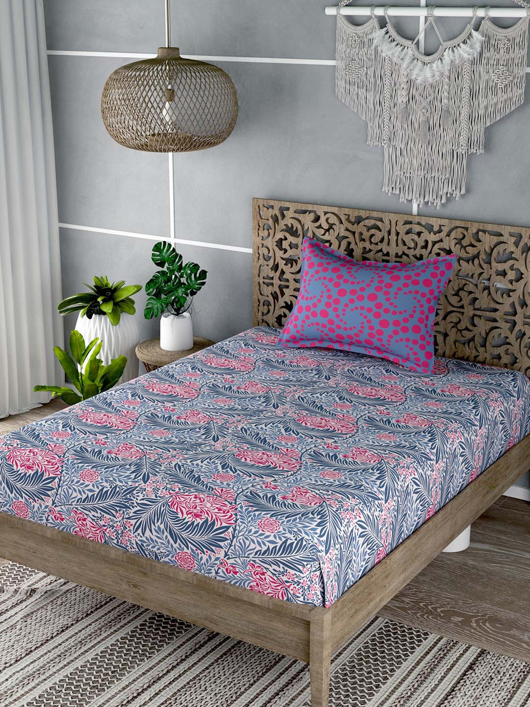 EverHOME Blue Leaf Cotton 180 TC Single Fine Bedsheet with a Pillow Cover-59 x 88 inches