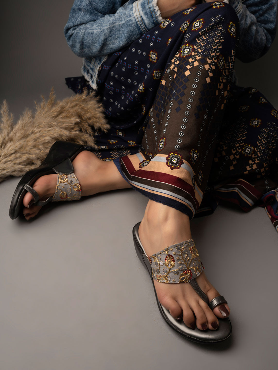 Shoetopia Women One Toe Embellished Ethnic Wedge Heels
