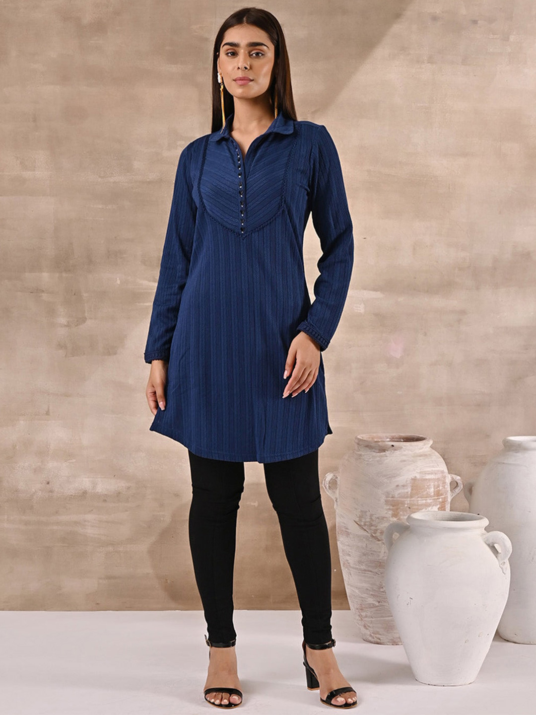 Lakshita Plus Size Woven Design Shirt Collar Kurti