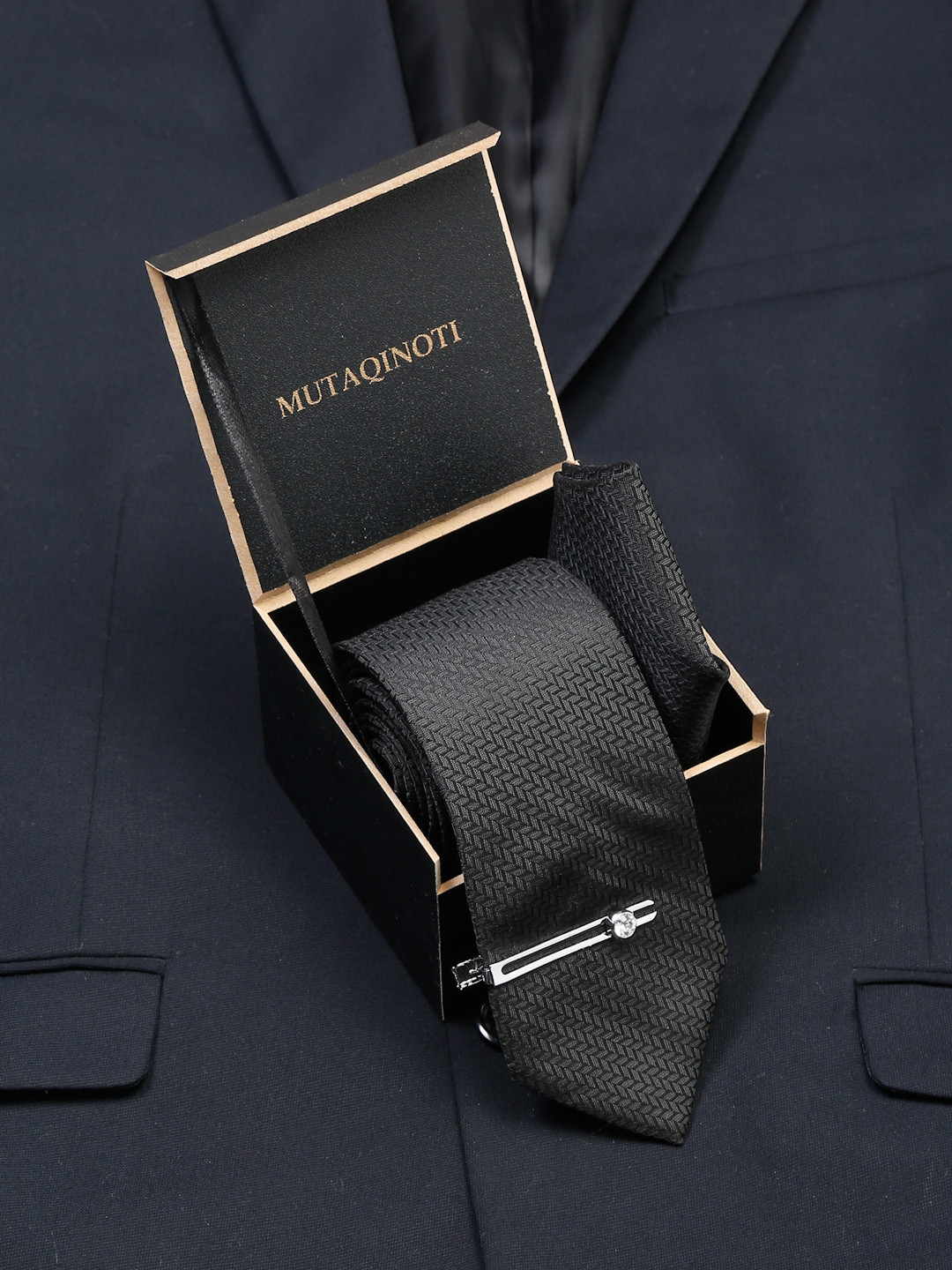 MUTAQINOTI Men Woven Design Silk Formal Accessory Gift Set