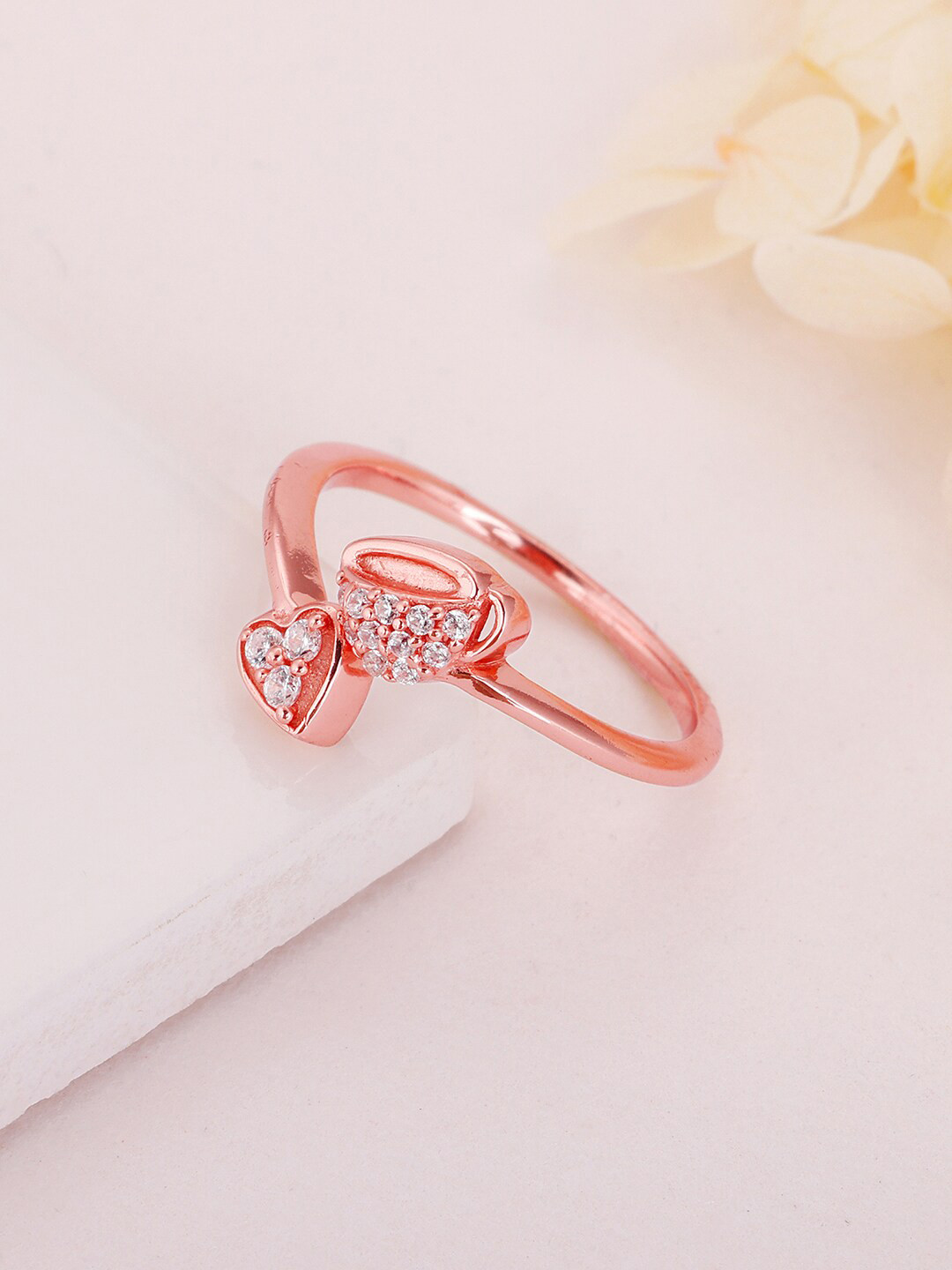 GIVA 925 Sterling Silver & Rose Gold-Plated CZ-Studded Adjustable Finger Ring