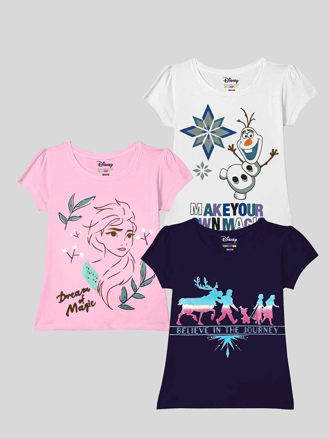 KUCHIPOO Girls Pack of 3 Frozen Printed Puff Sleeves Cotton T-shirt