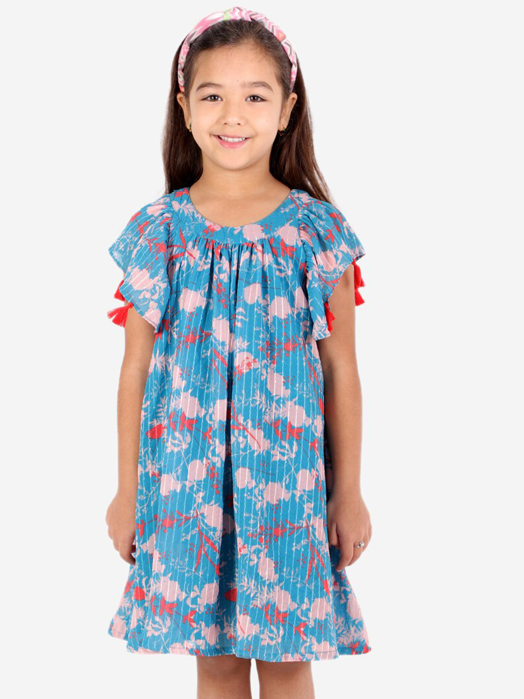 LIL DRAMA Girls Striped Round Neck Georgette A-Line Dress