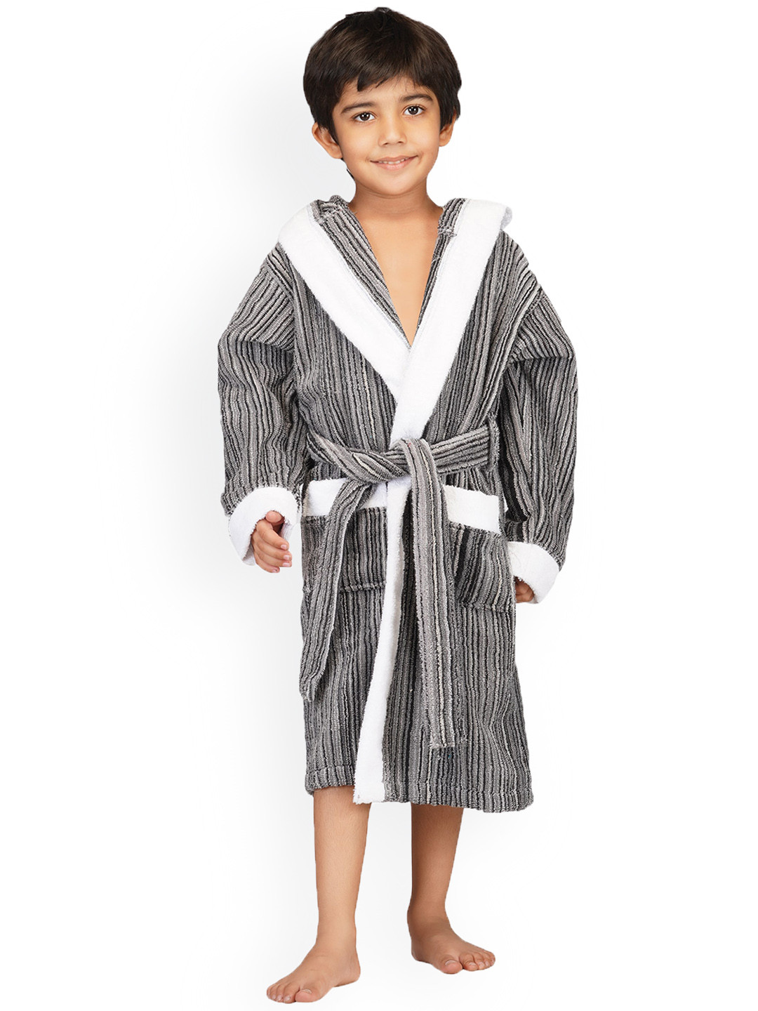 RANGOLI Tonal, 400 GSM Grey Striped Cotton Drawstring Midi Bath Robe