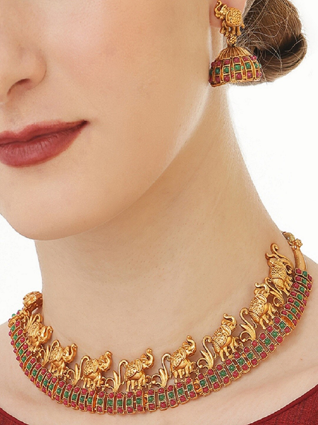 OOMPH Gold-Plated Stone Studded Elephant Design Necklace and Earrings