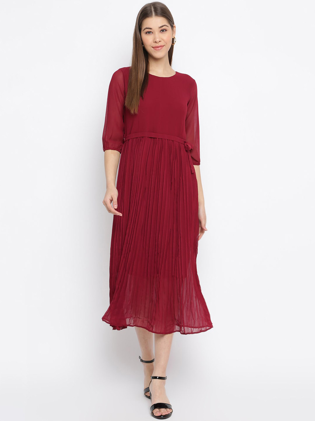 Mayra Georgette Round Neck A-Line Midi Dress