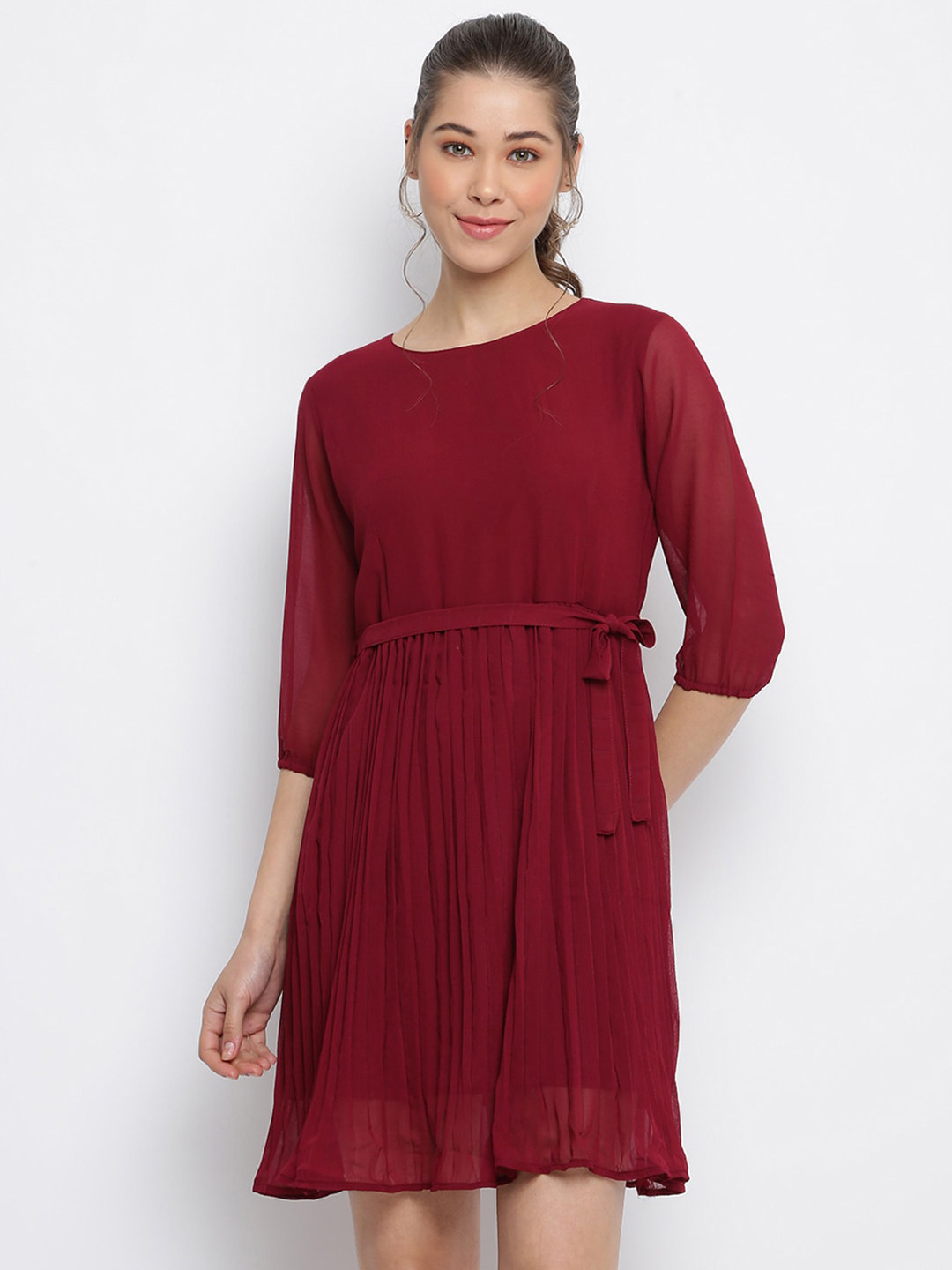 Mayra Round Neck Accordion Pleats Fit & Flare dress With Belt
