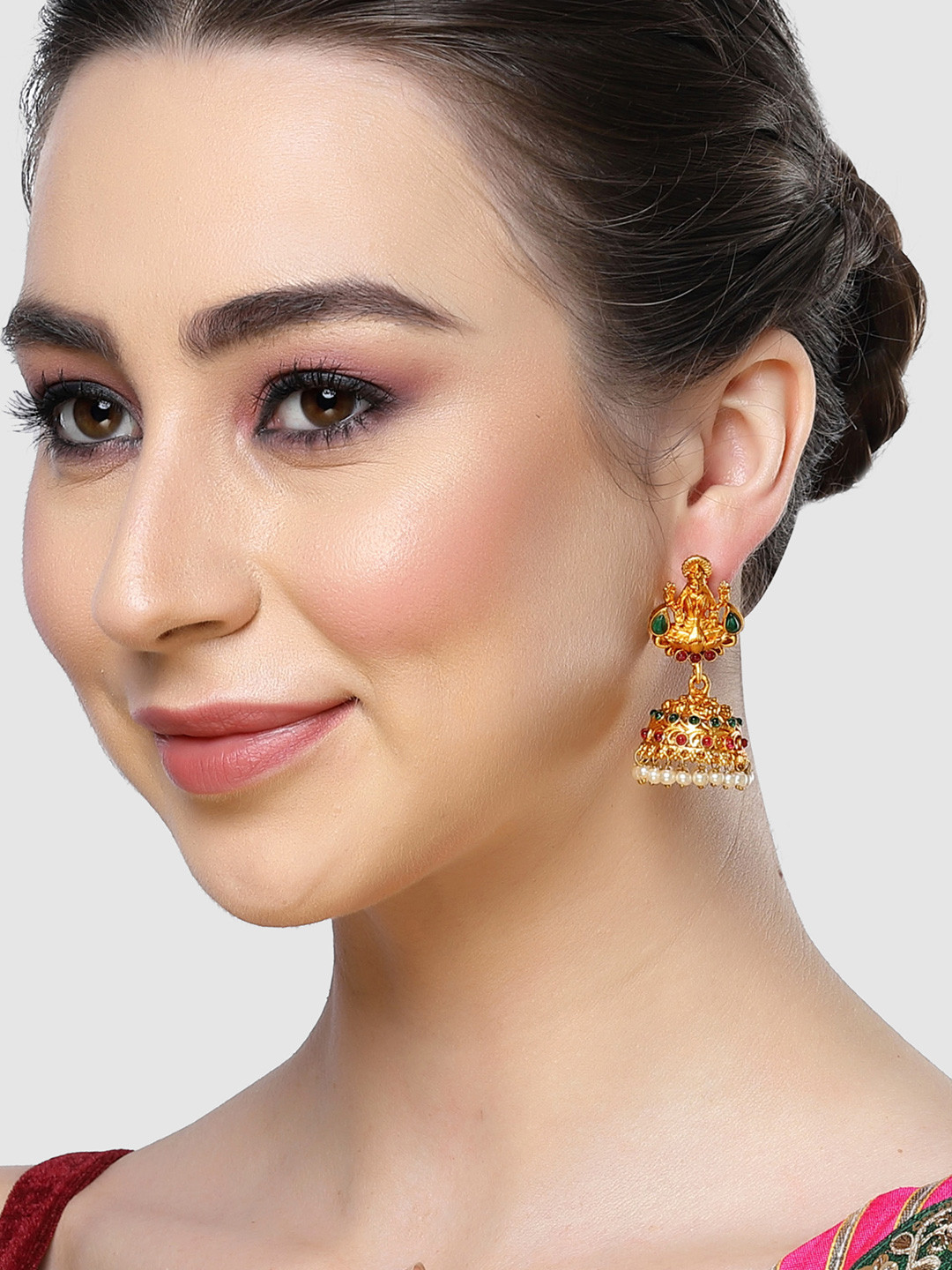 KARATCART Gold-Plated Laxmi Mata Temple Jhumkas Earrings